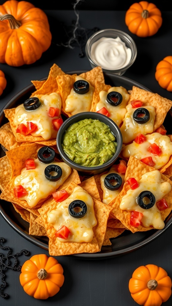 A platter of Halloween-themed tortilla chips with cheese, olives, and tomatoes, served with dips, decorated for Halloween.